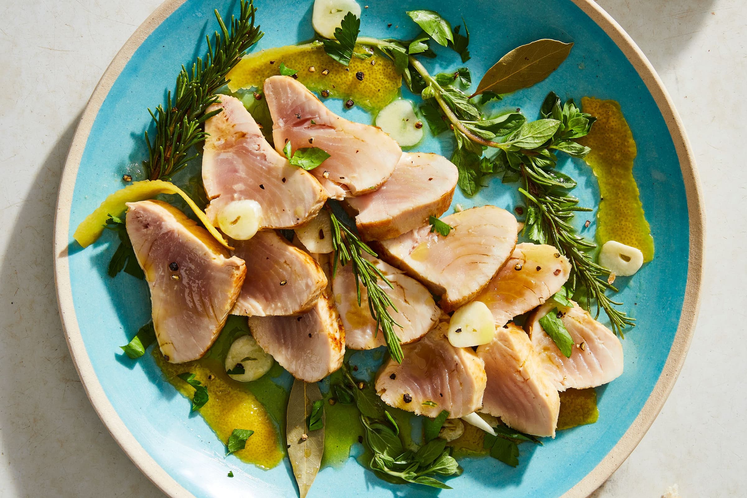 seared tuna with lemon, garlic, and herbs